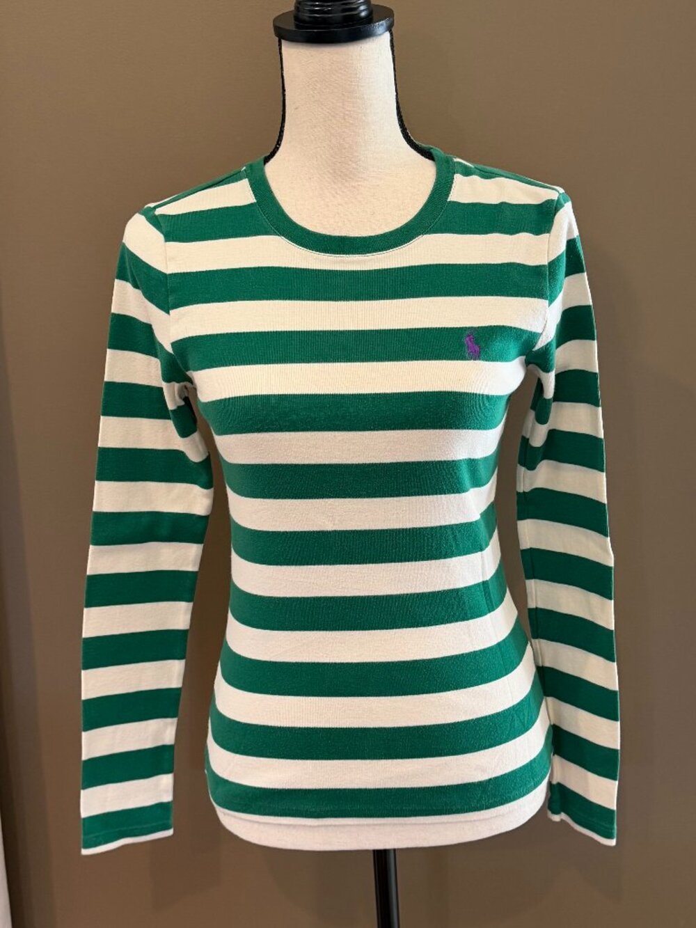 Ralph Lauren Sport Green & White Long Sleeve Pullover Preppy, Size Medium